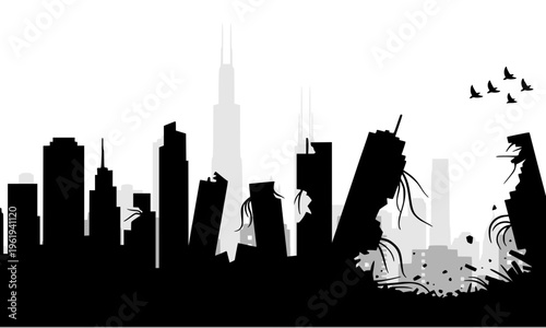 Black and white apocalyptic city skyline silhouette with crumbling skyscrapers, falling debris, and birds on white background, perfect for disaster, dystopian, and urban destruction themed designs