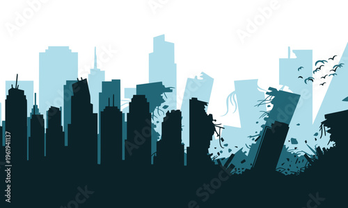  Dark apocalyptic destroyed city skyline silhouette with crumbling skyscrapers and urban ruins, ideal for disaster, dystopian, and post-apocalyptic themed designs
