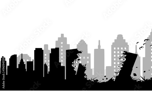 Black and gray destroyed city skyline silhouette with crumbling buildings and urban ruins on white background, ideal for disaster, apocalyptic, and catastrophe themed design projects
