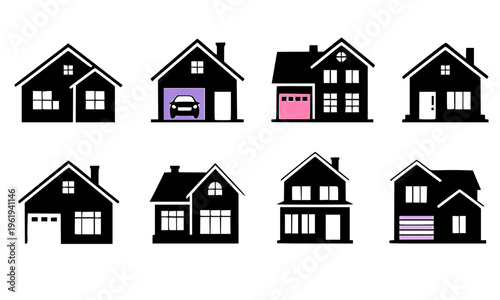  Set of eight black silhouette house icons featuring various residential home styles with garages, windows, and doors, perfect for real estate, property, and architecture design projects
