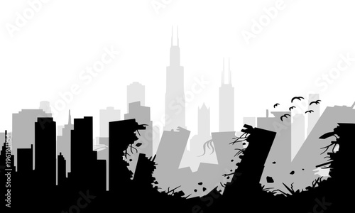 Gray and black apocalyptic destroyed city skyline silhouette with collapsing skyscrapers, scattered debris, and birds, ideal for disaster, dystopian, and post-apocalyptic themed design projects