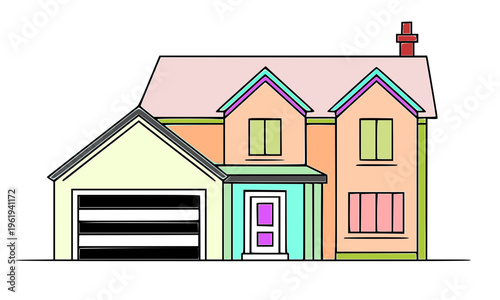 Colorful cartoon suburban house illustration with garage, front door, and windows, perfect for real estate, family home, and residential property design concepts