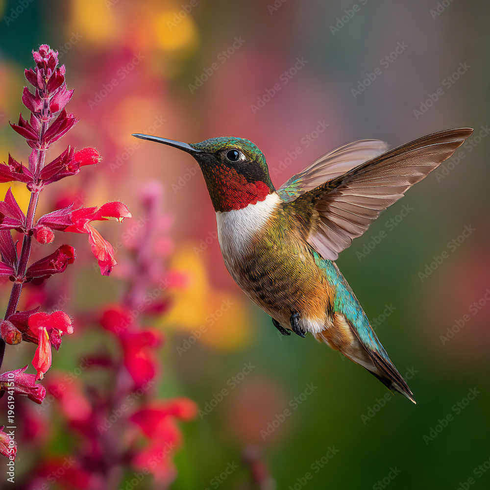Fototapeta premium Ruby-throated hummingbird hovering near crimson salvia flower in bright daylight, wildlife close-up