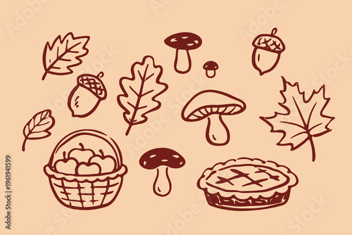 Autumn harvest doodle icon set hand drawn vector illustration