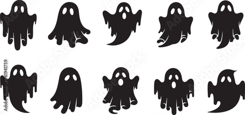 Halloween Ghosts Silhouette Set in Black and White