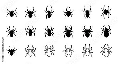 Spider Icons Set: Black Silhouettes of Various Spiders on White Background