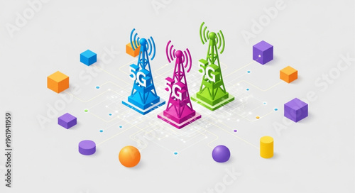Isometric 5G Network Towers with Colorful Geometric Shapes and Wireless Signals.