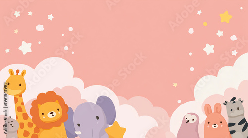 Cute Animal School Background with Giraffe Lion Elephant and Friends Copy Space