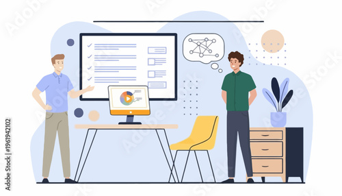 Two businessmen collaborating on a project in a modern office setting with a presentation board and computer