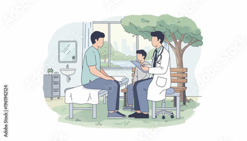 Doctor consulting with a patient and child in a bright, modern clinic setting with natural elements