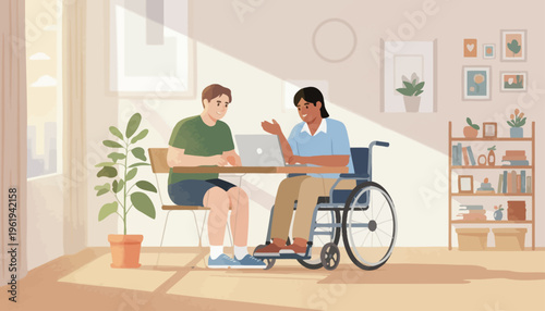 Two individuals collaborating on a laptop in a bright, modern living room, one seated in a wheelchair