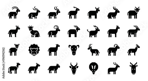 Collection of Goat, Sheep, Antelope, and Ram Icons: Diverse Farm and Wild Animal Silhouettes