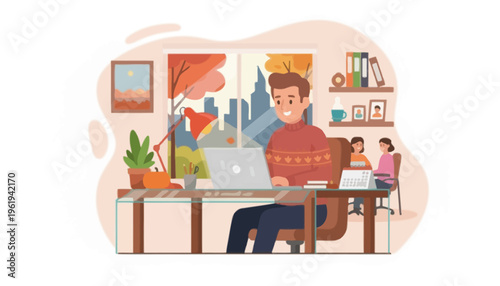 Professional working remotely from a beautifully decorated, cozy home office during autumn, enjoying the flexibility and comfort of a modern digital lifestyle and productive workspace