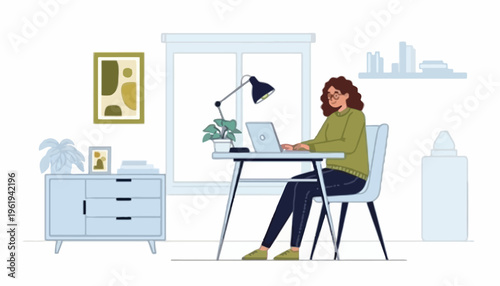 Modern remote work setup with a woman diligently typing on her laptop in a cozy home office, emphasizing productivity and contemporary lifestyle