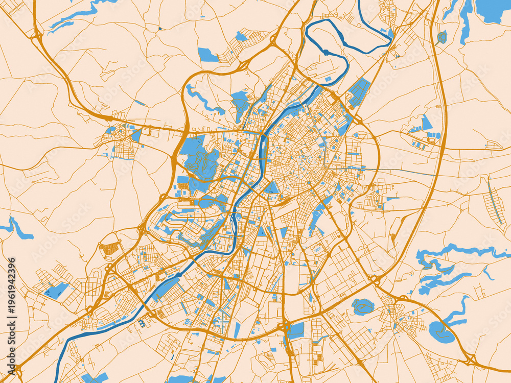 Fototapeta premium Urban map poster of Valladolid, Spain with light cream city field with mustard-gold linework and vivid blue lakes, rivers and waterways