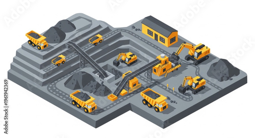 Isometric Coal Mining Operation with Heavy Machinery and Infrastructure.