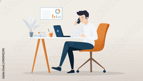 Focused young professional working remotely, engaged in a phone call while using a laptop, illustrating modern flexible work environments and efficient communication