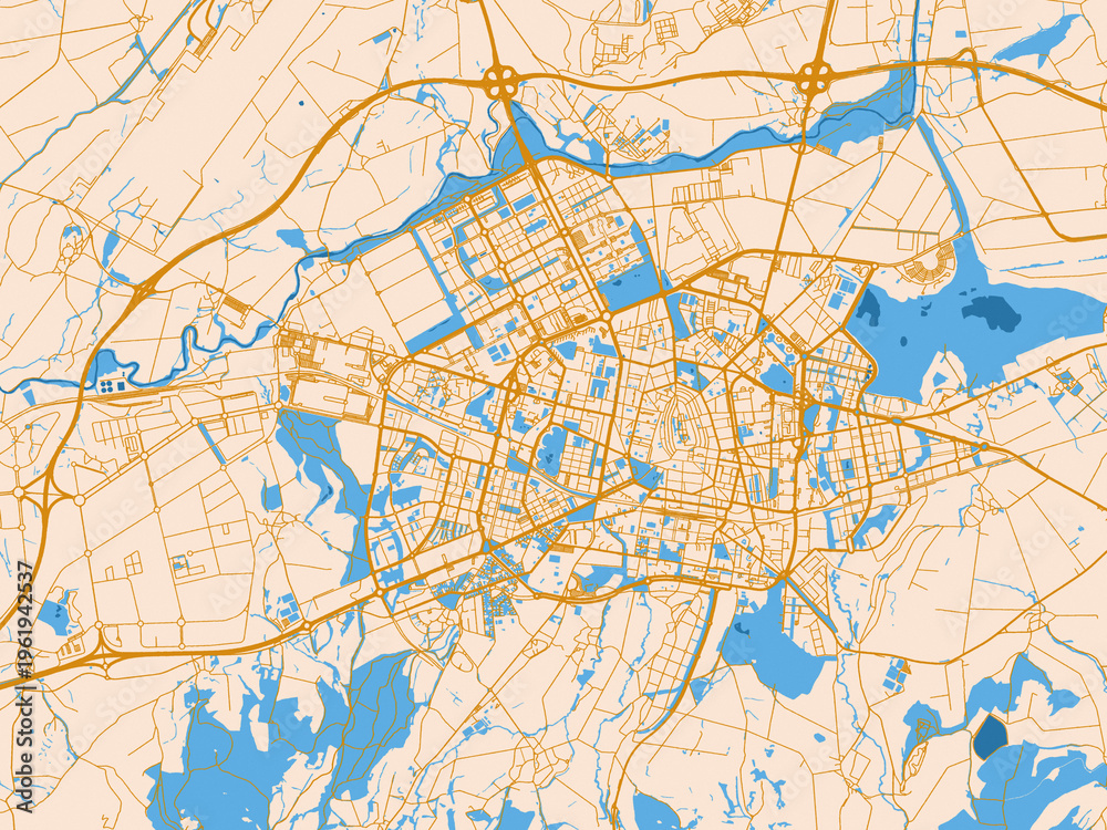 Obraz premium City map of Vitoria, Spain — warm cream background with golden road lines and bright blue water in a clean flat cartographic style