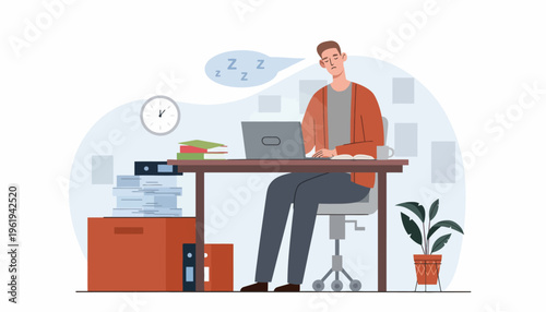 Man sleeping at desk while working on laptop with Zzz symbol above head