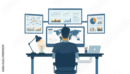 Expert leveraging advanced technology and smart algorithms for comprehensive data analysis across multiple screens, driving global business intelligence and strategic insights