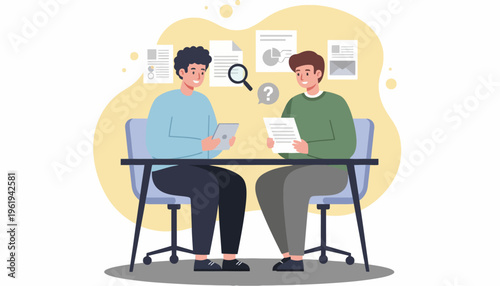 Two professionals collaborating on a project, reviewing documents and data at a table, with a magnifying glass highlighting details