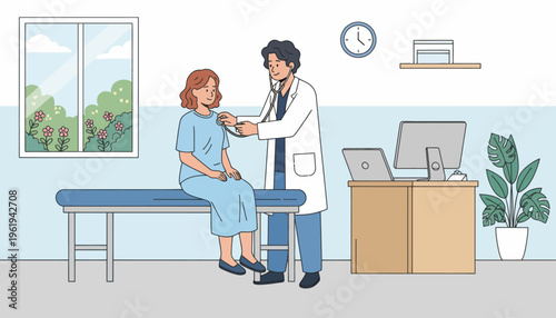 Doctor examining patient with stethoscope in medical office, concept of healthcare and medical check-up