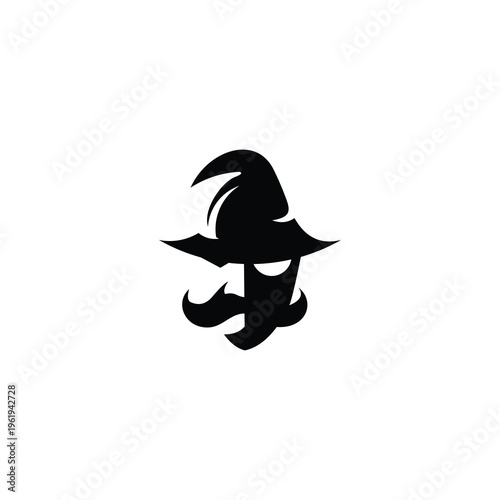 Mysterious Wizard Character Logo Design with Pointed Hat and Facial Hair