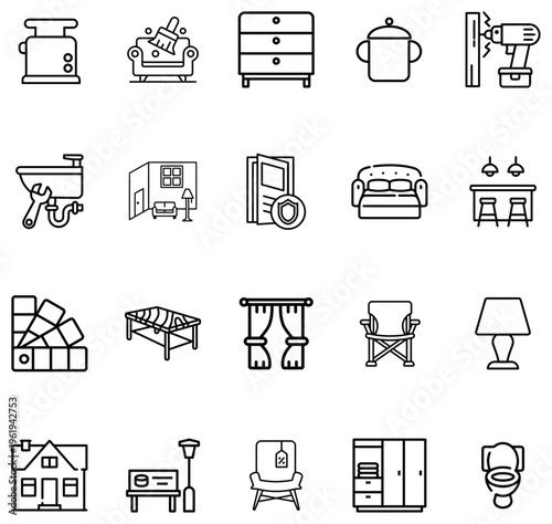 Collection of line representing home furnishings and renovation tools furniture house