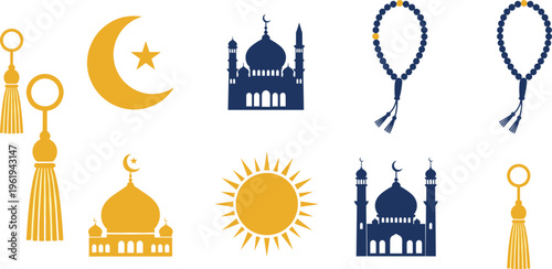 Islamic mosque icons, crescent moon star, prayer beads, tassel ornaments, cultural religious symbols, gold blue artwork, cad drawing flat vector illustration