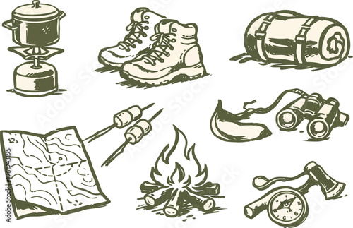 Outdoor camping gear set featuring tent, backpack, boots, and campfire essentials for nature adventures.
