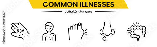 Common Illnesses line icons set. Common Illnesses outline icons with editable stroke collection. These Includes Breast Cancer, Depression, Brain Tumor, Allergy, Diabetes, and More.