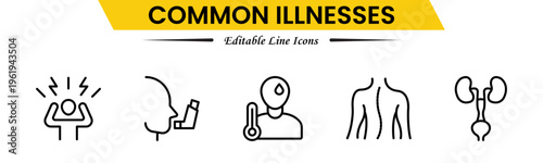 Common Illnesses line icons set. Common Illnesses outline icons with editable stroke collection. These Includes Breast Cancer, Depression, Brain Tumor, Allergy, Diabetes, and More.