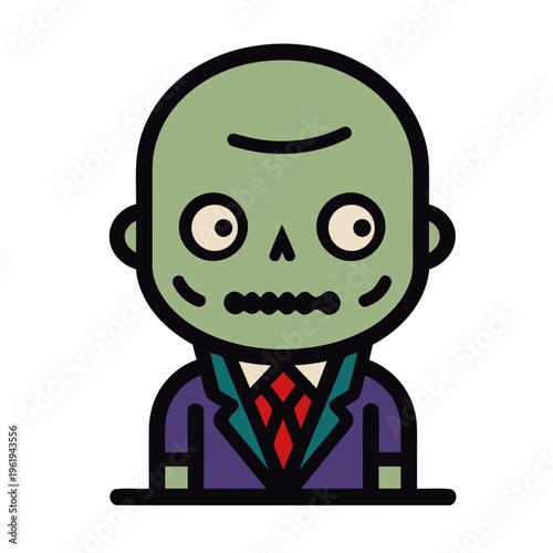 A cartoon zombie character in a business suit and tie with a green face and purple jacket