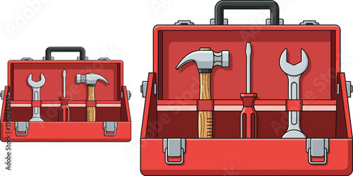 Red toolbox vector illustration, hammer screwdriver wrench tools, household repair equipment, mechanical work design, organized storage, flat style drawing
