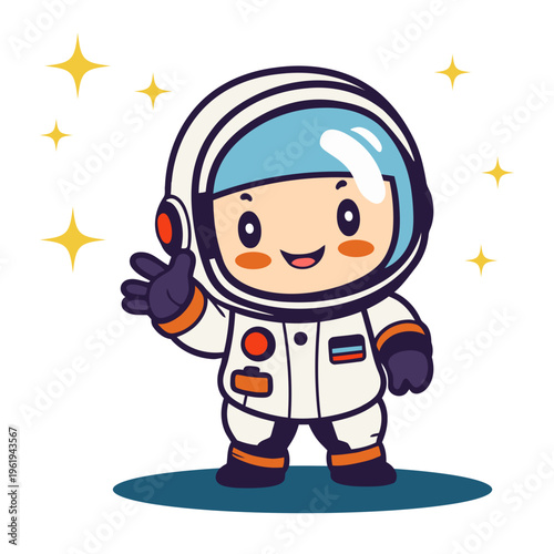 A cartoon astronaut in a white spacesuit with a blue helmet and gloves waving in a starry environment