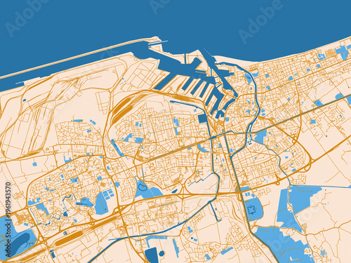 Fotografija City layout poster — Dunkirk, France – golden linework with blue water