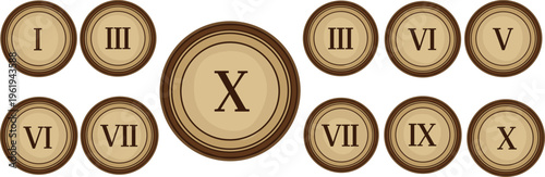 Roman numeral coins vector illustration with layered design, educational counting symbols, historical number system art, cad drawing flat vector illustration