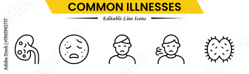 Common Illnesses line icons set. Common Illnesses outline icons with editable stroke collection. These Includes Breast Cancer, Depression, Brain Tumor, Allergy, Diabetes, and More.
