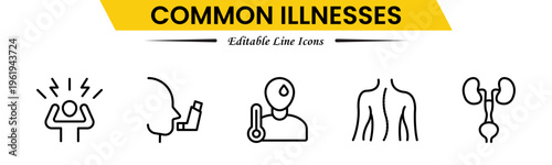 Common Illnesses line icons set. Common Illnesses outline icons with editable stroke collection. These Includes Breast Cancer, Depression, Brain Tumor, Allergy, Diabetes, and More.