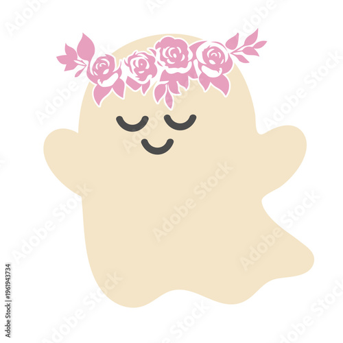 A cute ghost wearing a pink flower crown with a happy face