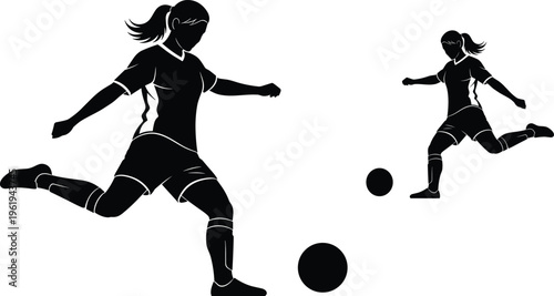 Soccer player silhouettes, women kicking ball, athletic sports action, football illustration, dynamic movement design, sport vector drawing, cad drawing flat vector illustration