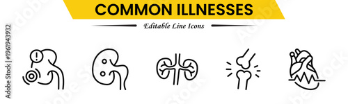 Common Illnesses line icons set. Common Illnesses outline icons with editable stroke collection. These Includes Breast Cancer, Depression, Brain Tumor, Allergy, Diabetes, and More.