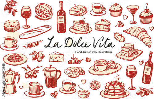 La dolce vita italian food and lifestyle illustration with wine cheese and desserts
