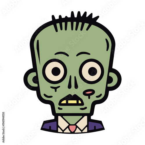 A cartoon zombie character with a green face and a suit