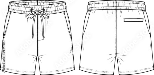 Fashion technical sketch of casual drawstring sweat shorts, front and back view minimalist sportswear template vector illustration isolated on white.