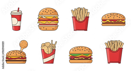 Fast Food Feast - Burgers, Fries, and Soda Vector Illustration.