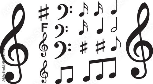 Music notes and symbols on a white background