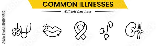 Common Illnesses line icons set. Common Illnesses outline icons with editable stroke collection. These Includes Breast Cancer, Depression, Brain Tumor, Allergy, Diabetes, and More.