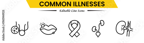 Common Illnesses line icons set. Common Illnesses outline icons with editable stroke collection. These Includes Breast Cancer, Depression, Brain Tumor, Allergy, Diabetes, and More.