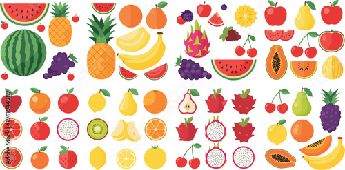 Colorful tropical fruits collection with watermelon, pineapple, banana, citrus and berries fresh healthy food vector illustration set